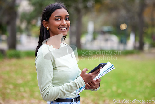 Image of Campus, smartphone and happy woman or student portrait for university or feedback and school results outdoors. College, mobile and young girl for scholarship application or smile or study information