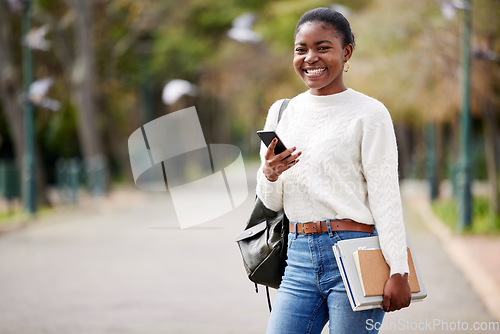 Image of Portrait, phone and mock up with a student black woman on her commute to university campus for education. Mobile, social media and study material with a female college pupil checking her next lecture