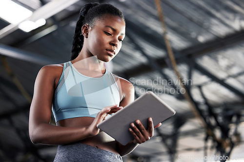 Image of Black woman, planning or personal trainer with a tablet for fitness training, workout or sports exercise. Progress results, digital technology app or gym instructor typing an online coaching schedule