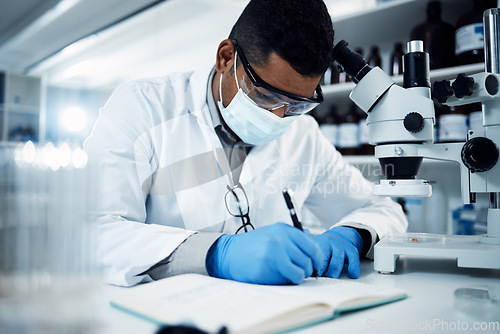 Image of Man, scientist and writing for science research, discovery or breakthrough information and notes at lab. Male person or medical professional with notebook for scientific data or results in laboratory