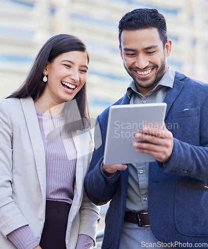 Image of Business people, tablet and team laughing outdoor in a city with internet connection for social media. Happy man and woman together on urban background with tech for networking, communication or app