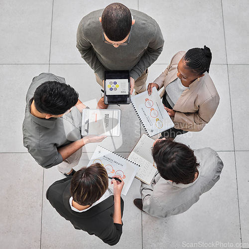 Image of Tablet, documents or business people in meeting for stats, audit report or financial statement in company. Above, teamwork or employees with portfolio, notes or paperwork, logistics or data analysis