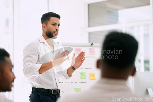 Image of Presentation, speaking and business people with mentor in meeting for career planning, ideas and team mission. Presenter, man or leader talking to employees, brainstorming and training on whiteboard