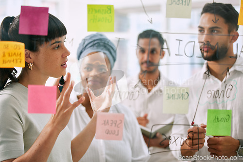 Image of Teamwork, planning and business people on glass for brainstorming, workflow or meeting of marketing goals. Diversity staff, woman and man in collaboration of ideas, solution or project of sticky note