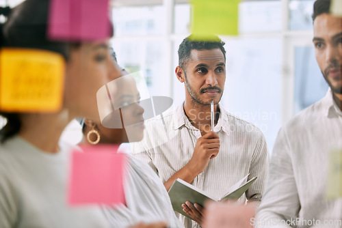 Image of Thinking, planning and business people on glass moodboard for brainstorming, workflow and notebook ideas. Teamwork of staff, woman and man idea, collaboration and solution of project on sticky notes