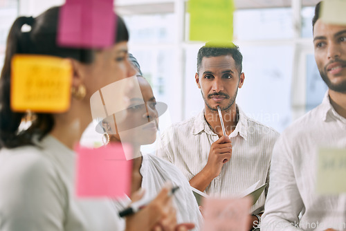 Image of Thinking, meeting and business people on glass board brainstorming, workflow management or problem solving. Teamwork, planning and woman and man collaboration, project solution and sticky notes ideas