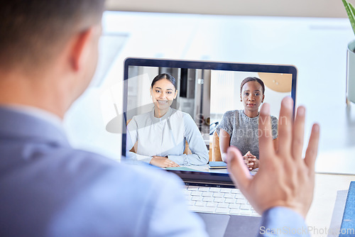 Image of Businessman, laptop and video call for virtual meeting, webinar or interview in remote work at home. Man freelancer waving hello on computer introduction in online conference, consulting or seminar