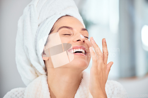 Image of Skincare, bathroom and face cream for happy woman with dermatology and morning wellness in her home. Facial, sunscreen and female person with clean mask, creme or skin collagen beauty lotion
