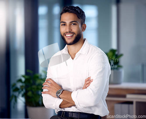 Image of Portrait, smile and man with arms crossed, business owner and employee with startup success, opportunity and creative. Face, male person and entrepreneur with confidence, professional and career