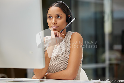 Image of Call center, thinking and woman consulting for contact us, customer support or crm in office. Telemarketing, communication and lady consultant contemplating advice, help or loan in virtual assistance