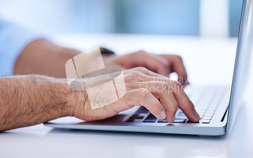 Image of Laptop, hands and business man typing for online research, editing and copywriting or website management closeup. Professional person, writer or editor working on computer for article, blog or media