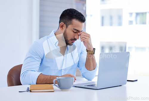 Image of Headache, stress and business man on computer with mental health problem, burnout or fatigue in office. Brain fog, tired and pain or migraine of corporate person on laptop for mistake, debt or crisis