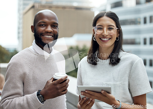 Image of Portrait, businesspeople with coffee and tablet on rooftop building together with smile. Friends on lunch, technology and happy colleagues smiling in city or urban on a balcony of a building