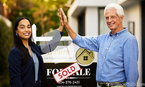 Image of Sold, realtor portrait and people high five for home investment, property sale and retirement success. Real estate agent, landlord woman and senior man hands together for new house poster or board