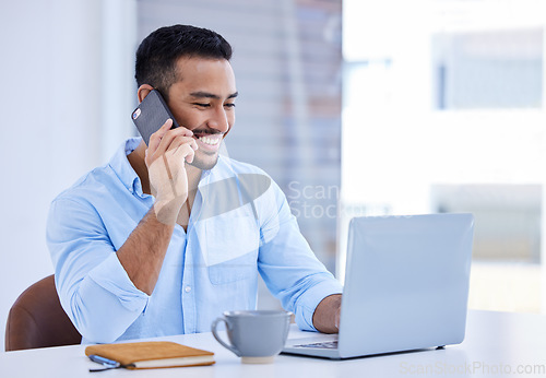 Image of Phone call, computer and business man talking, office communication and networking, advice or financial news. Mobile conversation, voip and happy asian person or accountant working on laptop and chat