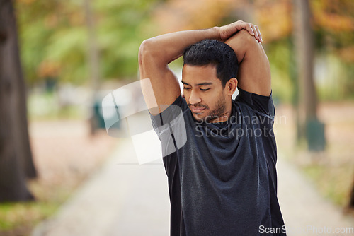 Image of Asian man, stretching arms and fitness in park getting ready for running, workout or exercise outdoors. Male person, athlete or runner in warm up arm stretch, training or run for exercising in nature