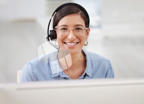 Image of Call center, happy portrait and woman worker with a smile from customer service and web help. Online telemarketing, happiness and crm consultant with internet support and pc for agent consulting