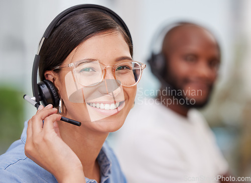 Image of Crm, portrait and woman employee with smile for customer service, help or telemarketing. Face, consultation and happiness of call center consultant with phone support and connect for agent consulting