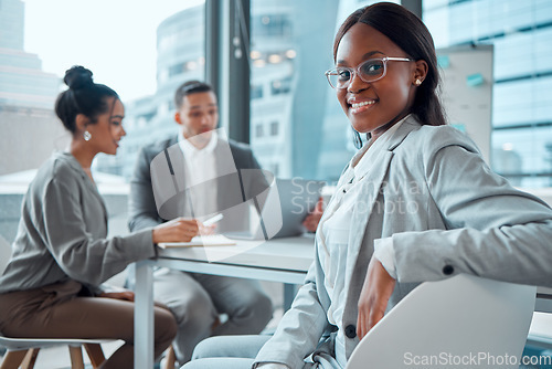 Image of Portrait, smile and black woman, lawyer and meeting in office workplace. Face, intern and business entrepreneur or African female law professional with confidence, career pride or mindset at work