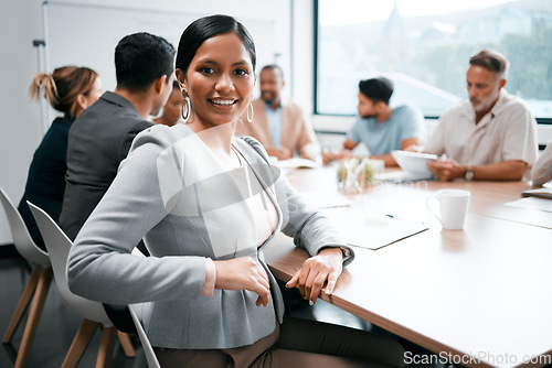 Image of Join us. Business woman, smile in portrait and collaboration, confidence and meeting with group for corporate project. Team leader, manager and proud, female person in a professional conference room.