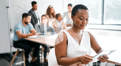 Image of Black woman in business, smile with tablet in conference room, leadership and meeting with corporate group. Team leader, wireless tech and female person with presentation and professional mindset