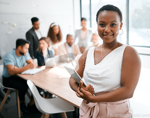 Image of Black woman in business, smile in portrait and tablet, leadership and meeting with corporate group. Team leader, wireless tech and confidence with female person in conference room for presentation