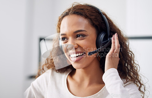 Image of Call center, working and face of woman in customer service office, crm or telemarketing support, help or consulting worker. Contact us, helping consultant and advice in communication or conversation