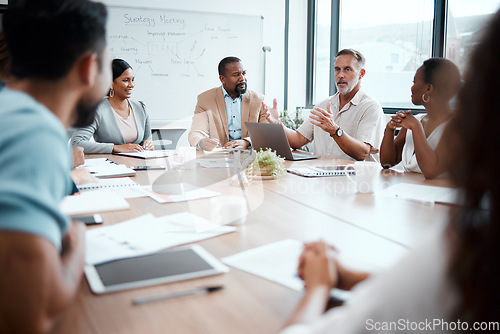 Image of Business people, meeting and marketing strategy in team planning or sharing ideas at office. Group of employees in teamwork, collaboration or brainstorming for market plan or project at conference