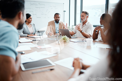 Image of Business people, meeting and discussion for team planning, working and workplace ideas at the office. Group of employees in teamwork, collaboration or brainstorming for diversity at conference