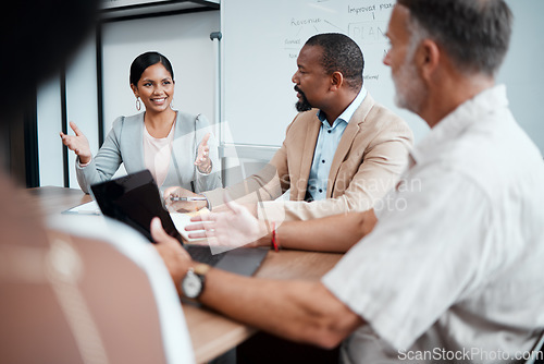 Image of Business people, meeting and planning for strategy, brainstorming or sharing ideas at the office. Woman, group or employees in team discussion, collaboration or project in conference at the workplace