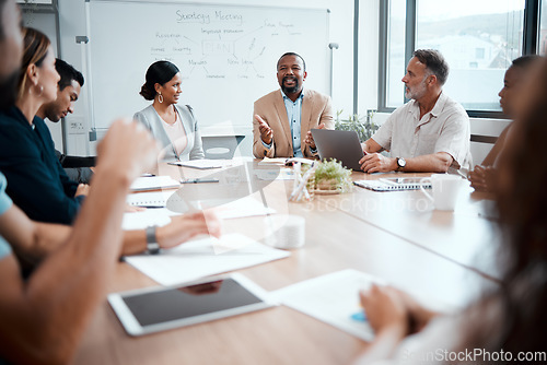 Image of Business people, diversity and meeting in planning for strategy, brainstorming or sharing ideas at office. Group of employees in team discussion, collaboration or plan in conference at the workplace