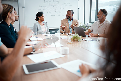 Image of Business people, corporate and meeting in planning for strategy, brainstorming or sharing ideas at office. Group of employees in team discussion, collaboration or plan in conference at the workplace