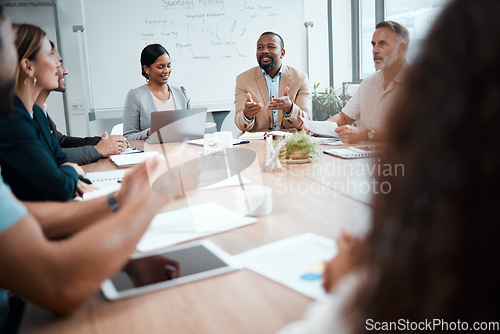 Image of Business people, diversity and meeting for idea in strategy, planning or brainstorming at office. Group of employees in team discussion, collaboration or project management in conference at workplace