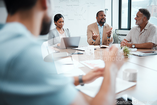 Image of Business people, coaching and meeting in teamwork strategy, planning or brainstorming at office. Group of employees in team discussion, collaboration or project management in conference at workplace