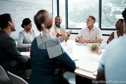 Image of Happy business people, coaching and meeting in strategy, brainstorming or planning at the office. Group of employees in team discussion, collaboration or project management in conference at workplace