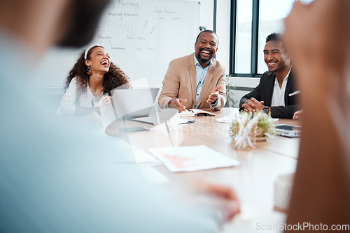 Image of Happy, business people and laughing in meeting for startup joke, communication or comedy at the office. Group of employees smile and laugh for fun discussion, meme or friendly humor at the workplace