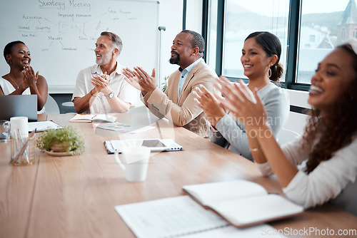 Image of Business people, applause and meeting of audience in presentation or team seminar at the office. Happy group of employees clapping in conference for teamwork, support or motivation at the workplace