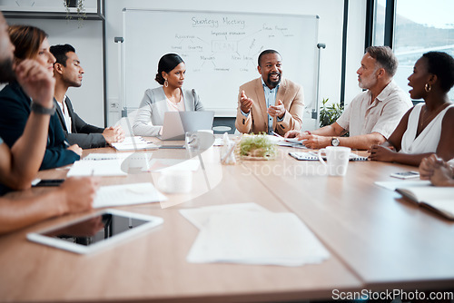 Image of Business people, teamwork and meeting for strategy, planning or corporate brainstorming discussion at office. Group of employees in team collaboration or communication in conference at the workplace