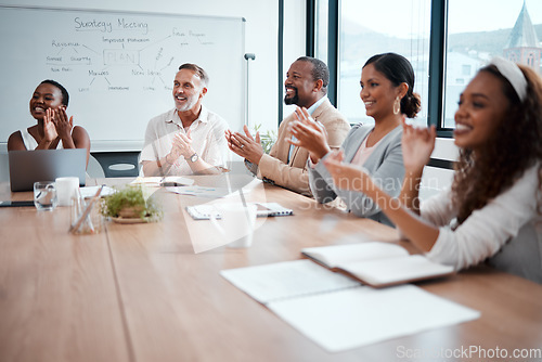 Image of Happy, business people and applause of audience in meeting for presentation or team seminar at office. Group of employees clapping in conference for teamwork, support or motivation at the workplace