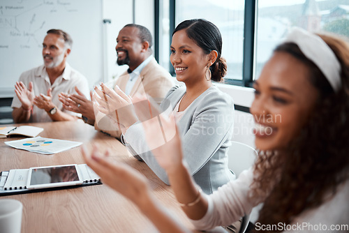 Image of Business people, applause and meeting in conference, presentation or team seminar at the office. Happy group of employees clapping for teamwork, support or motivation in boardroom at the workplace