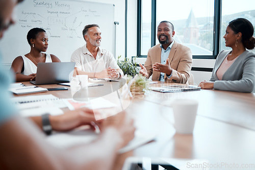 Image of Happy business people, meeting and strategy in planning, team discussion or sharing idea at office. Group of employees in teamwork, collaboration or discussing project plan in conference at workplace