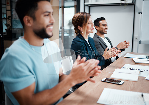 Image of Happy, business people and applause in meeting for presentation, growth or team seminar at the office. Group of employees clapping in conference for teamwork, support or motivation at the workplace