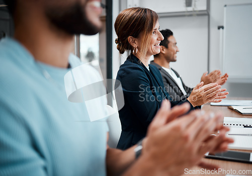 Image of Happy, business people and applause in meeting seminar, presentation or team growth at office. Group of employees or audience clapping in conference for teamwork, support or motivation at workplace