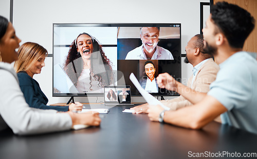 Image of Video call, meeting and planning with a business team in the boardroom for a virtual conference or workshop. Management, webinar and strategy with a group of corporate colleagues in an office at work