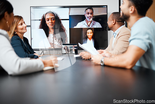 Image of Diversity, video conference in business meeting and in boardroom with international clients at their workplace. Online communication, technology or connectivity and people on a virtual call planning