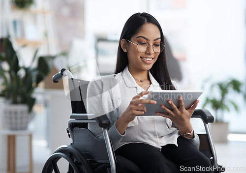 Image of Email, reading and woman with a disability and a tablet for communication and graphic design. Smile, creative and a website designer in a wheelchair with technology for web and software analysis