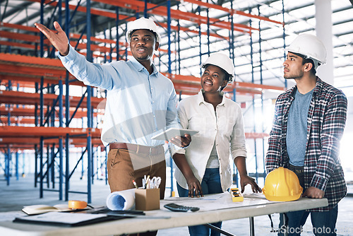 Image of People, architect and tablet in meeting for construction, blueprint planning or team collaboration. Engineer group in teamwork discussion, floor plan or strategy for architecture project on site