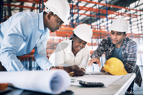 Image of Business people, blueprint and documents in construction, planning or team architecture on site. Architect group in meeting discussion or engineering on floor plan, brainstorming or building strategy