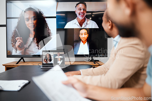 Image of Video call, meeting and planning with a group of business people in the boardroom for a virtual conference or workshop. Management, webinar and strategy with a corporate team in an office at work