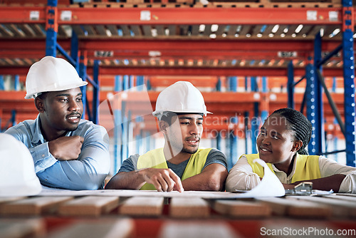 Image of People, architect and blueprint documents for construction, team planning or meeting on site. Engineer group or contractor in teamwork discussion on floor plan, brainstorming or building strategy